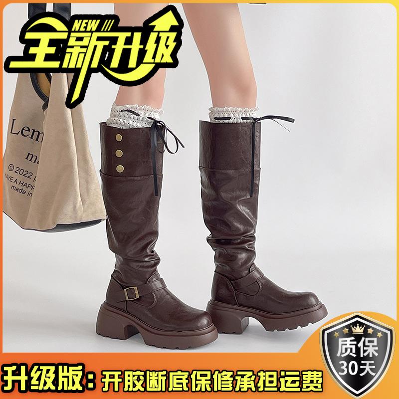 Fashion retro style thick heel leather boots belt buckle platform boots women's autumn and winter fashion high heel knight boots trend