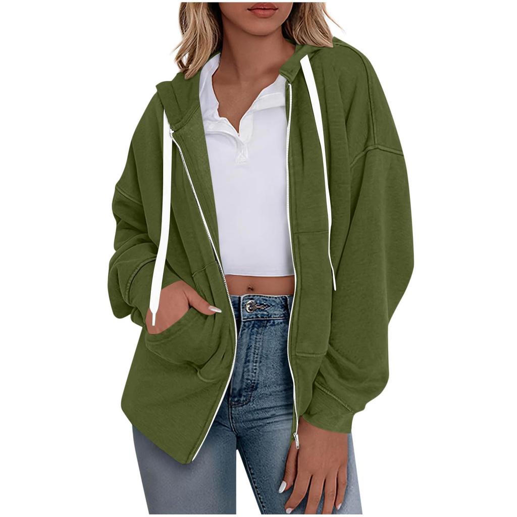 Women's Fashionable Solid Color Long Sleeved Hooded Sweatshirt With Loose Zipper Pocket Jacket