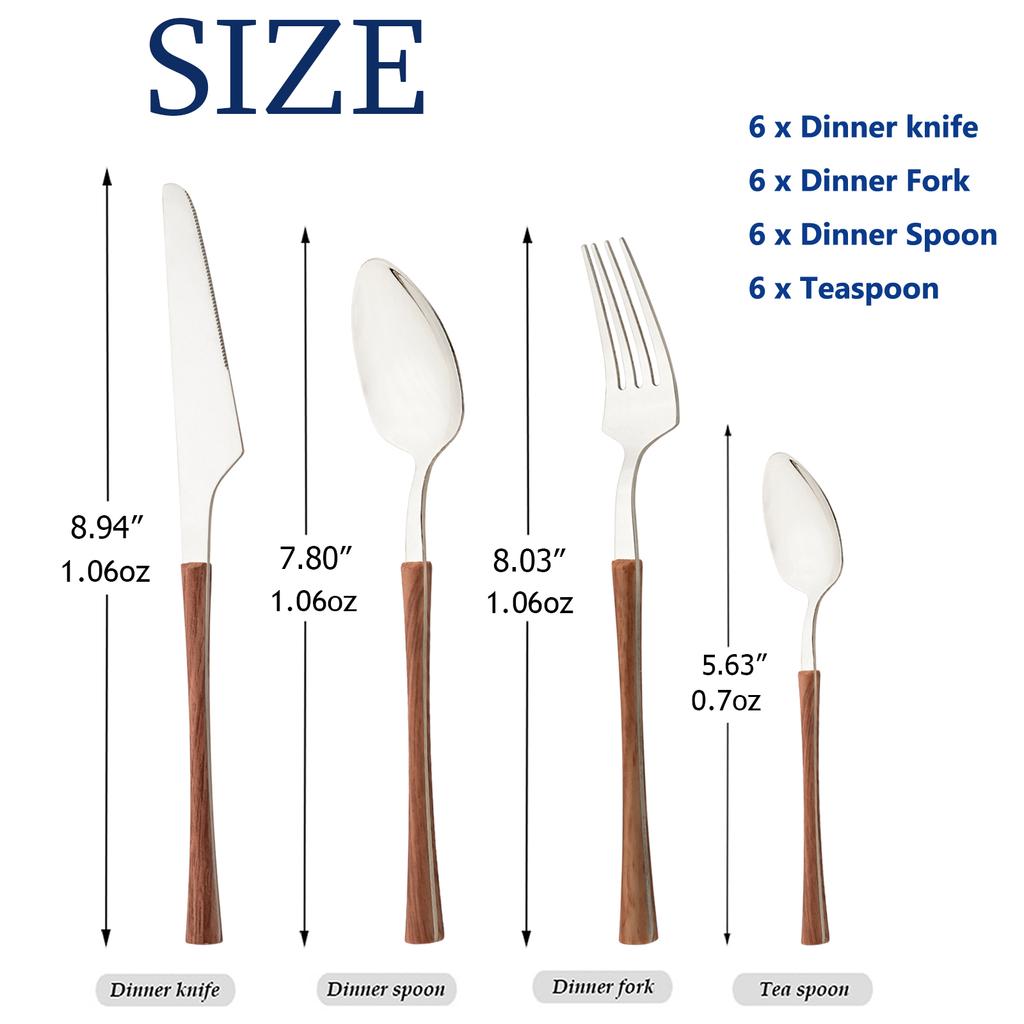 24 ks Příborů s dřevěnou rukojetí Domácí kuchyňská sada nádobí Nůž Vidlička Lžíce Čajová lžička Imitace mramoru Zrcadlová nerezová ocel Služba pro 6 osob