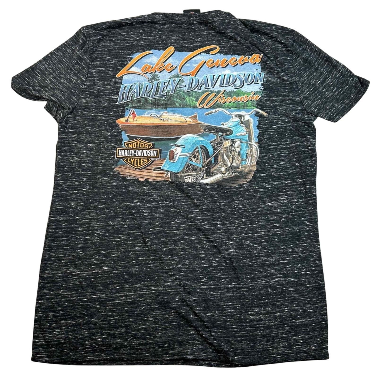 Harley Davidson Lake Geneva Wisconsin Graphic Mens Large Black Heather Unisex T-Shirt L