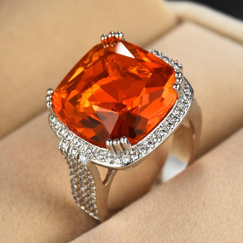 

Роскошные большие квадратные кольца с оранжевым цирконием для женщин в стиле бохо, серебряное обручальное кольцо, ювелирные изделия для вечеринки 9 оранжевый