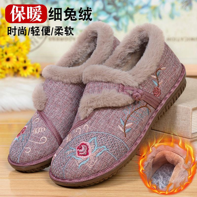 Winter alte Pekinger Baumwollschuhe Damen Ethno-Stil Hanfu bestickte Mutter-Schuhe Samt verdickt Ein-Pedal Senioren-Schuhe Anpassung