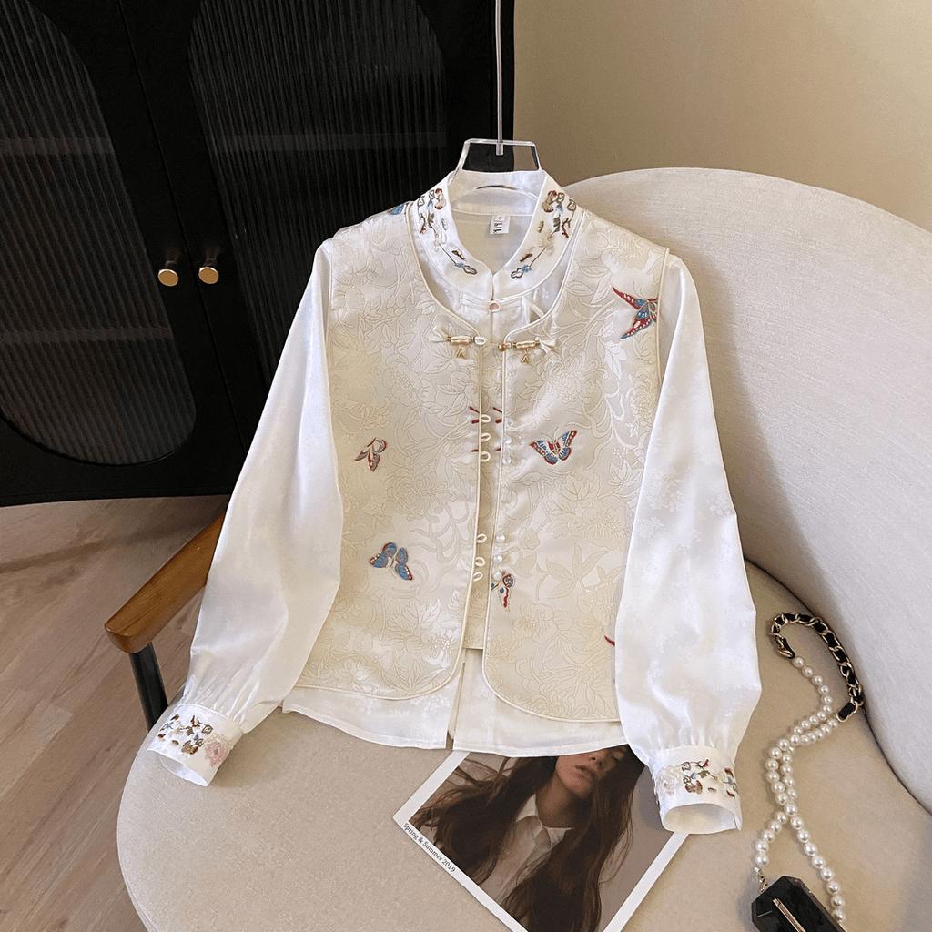 New Chinese style vest shirt 1116 new high-end light luxury retro buckle embroidery temperament