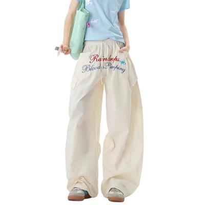 Retro Stickerei Arbeitskleidung, Fallschirmjägerhose, Damen Lockerer Schnitt, Sportlich Lässig, Streetdance, Weitbeinige Hose