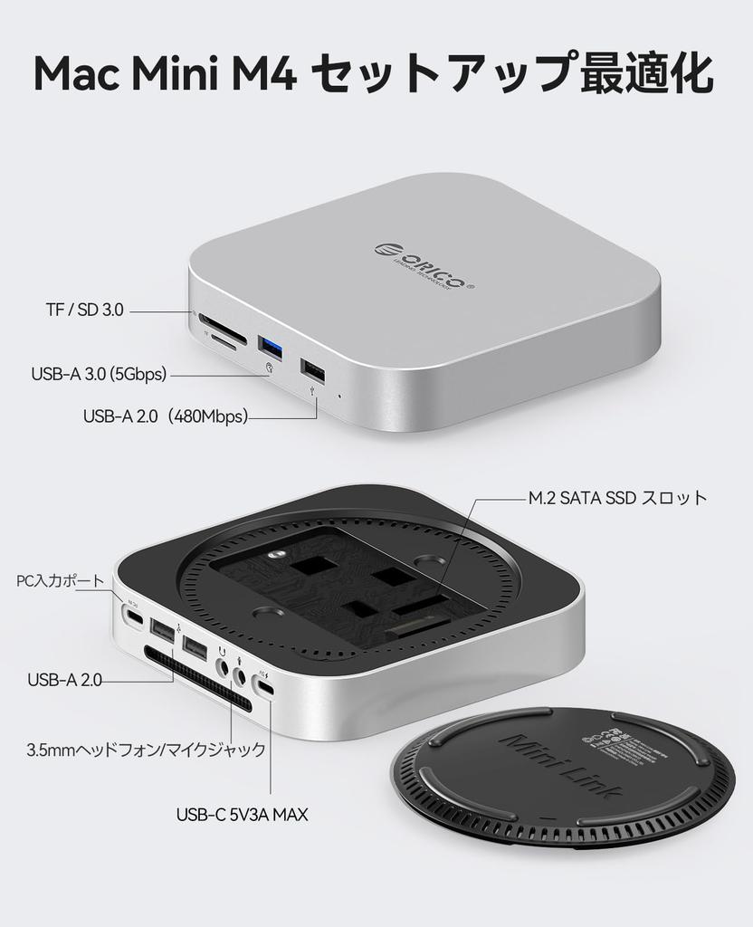 ORICO MiniLink Mac Mini M4 USB SATA SSD 5Gbps Data Card Audio Compatible with 2024 Mac Mini Pro Hub, 9-in-1 M.2 Expansion, USB-A High-Speed Transfer,