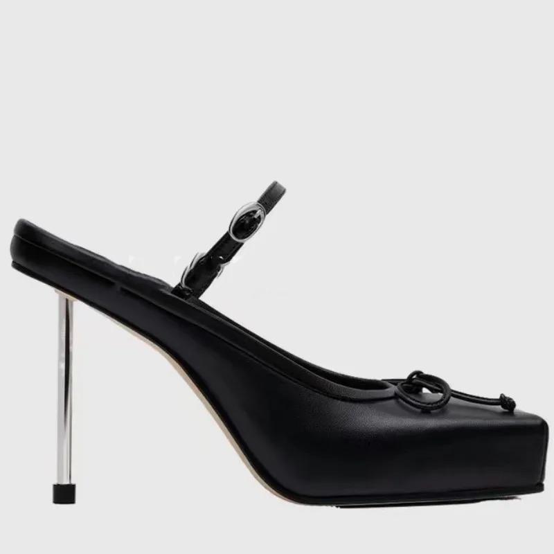 Fashion Square Toe Bow Ballet High Heels Female 2024 Spring and Summer New Shallow Mouth Slipper Sandals Zapatos Mujer Female Zapatos