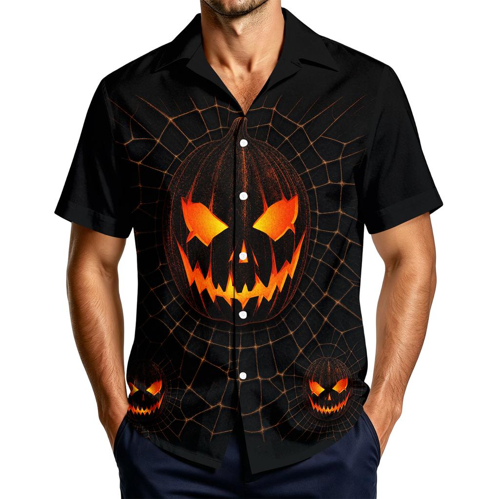 Men's Casual Short Sleeve Halloween Print Button Down Shirt