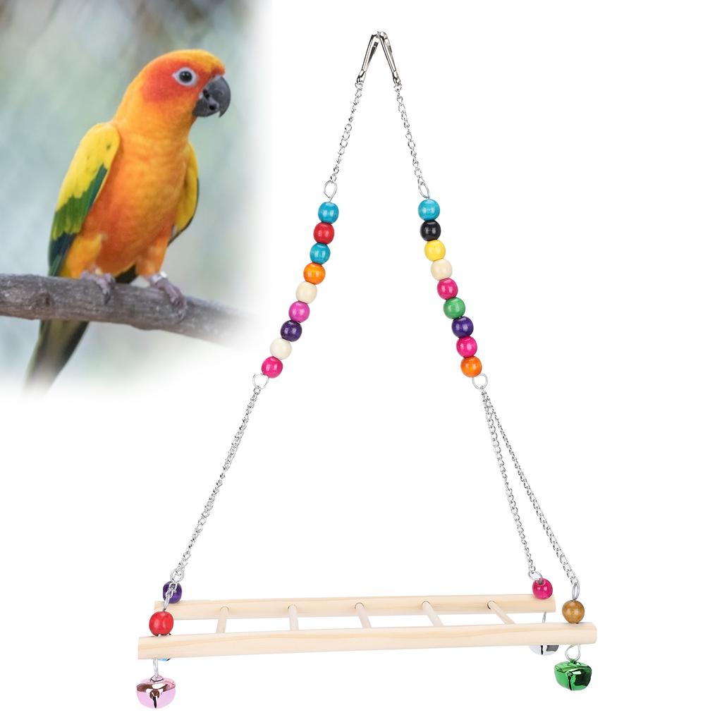 Bird Natural Wooden Chicken Swing Ladder Stand Toys Colourful Beads Chewing Biting Playing