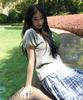 LETTER FROM MOON Sorbet Square Neck Lace Short Sleeve T-Shirt (Gray)