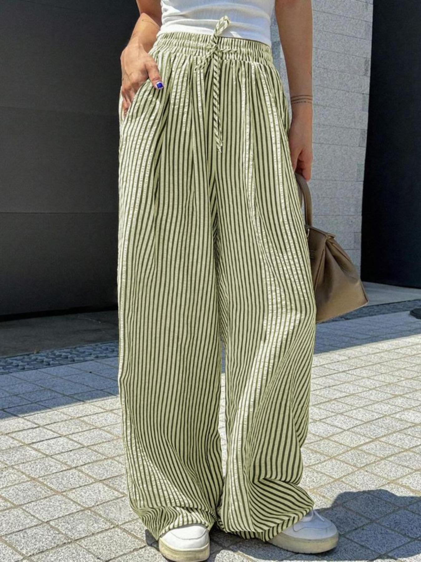 2025 Women s Striped Wide-Leg Trousers with Drawstring and Pockets M зелёный