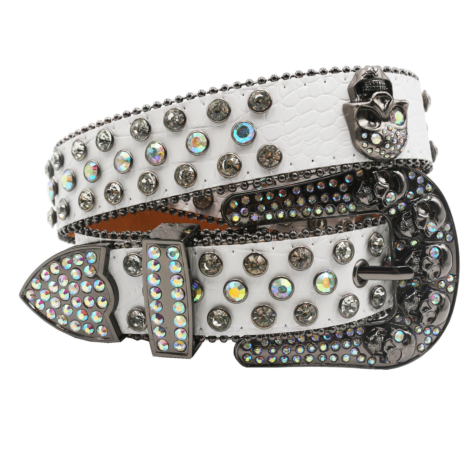 

BB Ремень Европейский и американский Темная резная пряжка Инкрустация стразами Ремень Ins Пайетки Панк Хип-хоп Декоративный ремень с заклепками 105cm