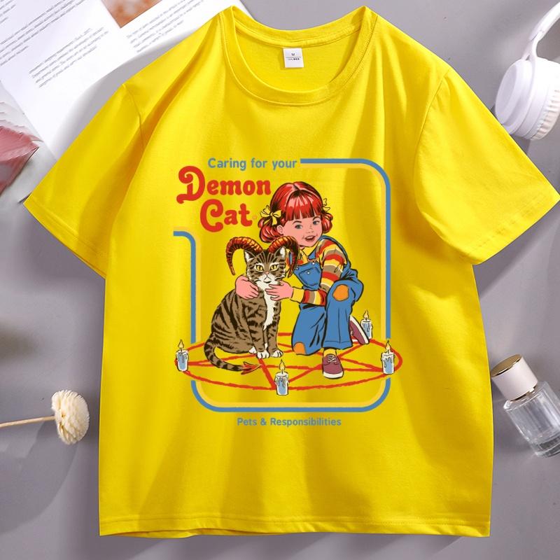 Caring for Your Demon Cat Print Tshirt Unisex Women Cotton Short Sleeve T Shirt Casual Round Neck High Quality Tshirt Streetwear