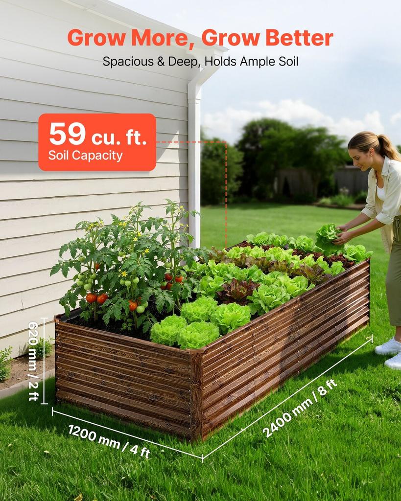 Galvanized Raised Garden Bed, 240 X 120 X 62 Cm, Rectangular Metal Planter Box Outdoor, Bottomless Elevated Planting Box with Gloves, Alu-Zinc, for