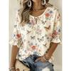 Women's Beige Floral & Butterfly Print Tie Neck Blouse, Casual Loose Tops for Spring Summer Daily Wear & Vacation Occasions