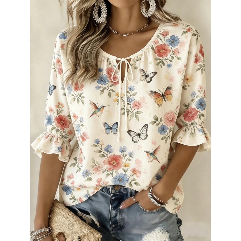 Women's Beige Floral & Butterfly Print Tie Neck Blouse, Casual Loose Tops for Spring Summer Daily Wear & Vacation Occasions