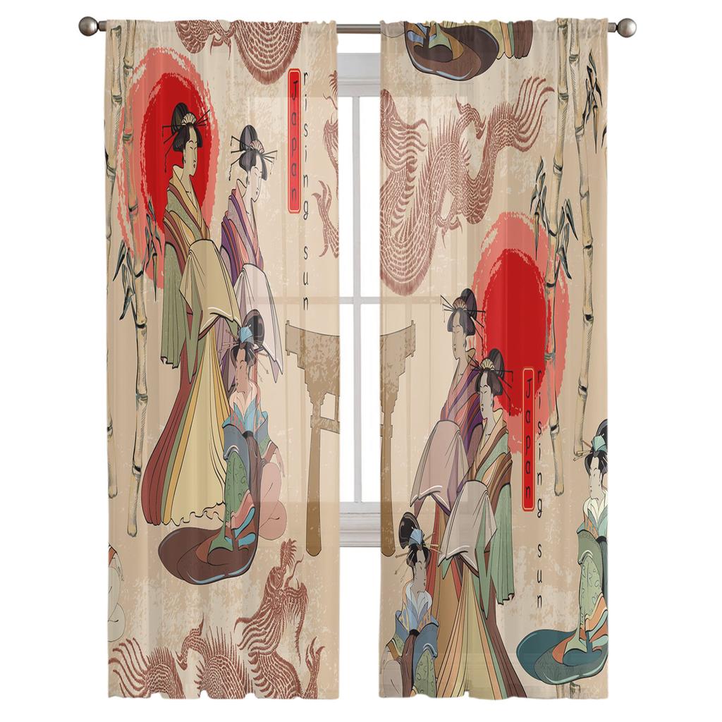 Japan Rote Sonne Geisha Frau Drache Bambus Chiffon Gardinen für Wohnzimmer Schlafzimmer Dekor Fenster Voile Tüll Vorhang Vorhänge