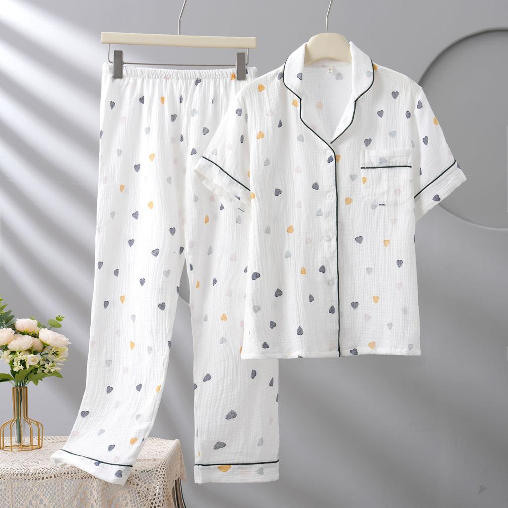 Women's pajamas spring and autumn simple and comfortable pure cotton double-layer cotton gauze lapel short-sleeved trousers loungewear two-piece set