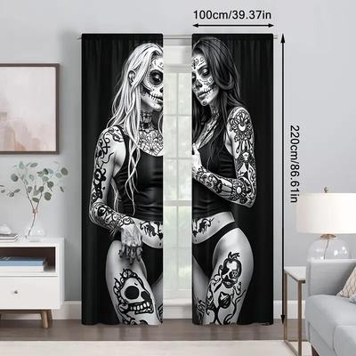 2 Stück - Tag der Toten Gothic bedruckte Vorhänge, Stangentaschenvorhänge, Schlafzimmer und Wohnzimmer, Raumdekoration