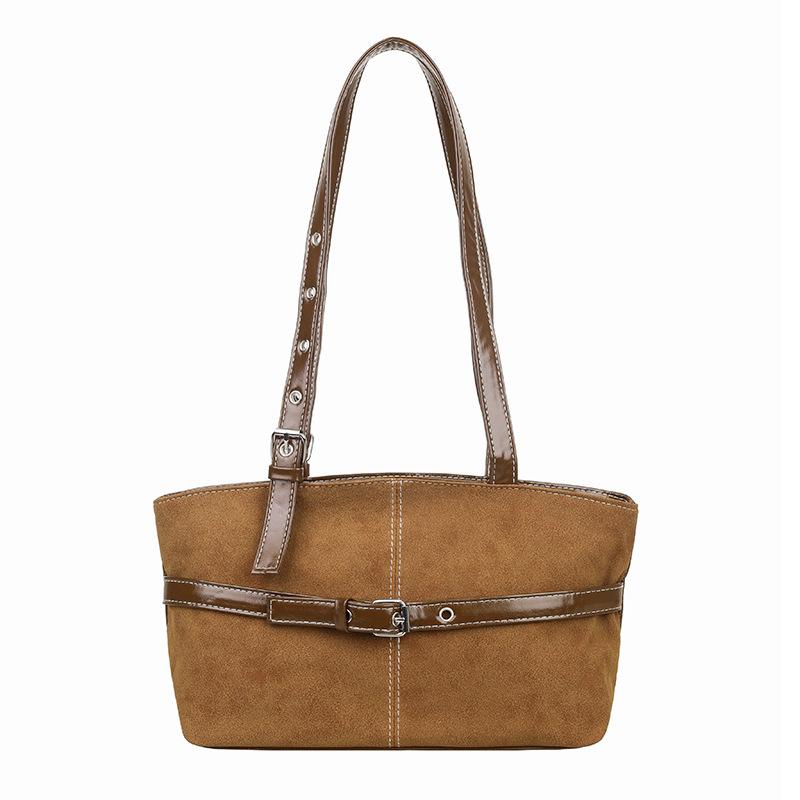 Retro Color‑Block Tote Bag, Metal Buckle Belt Accessory, Riveted Adjustable Shoulder Strap, Spacious Tote For Daily School, Office, Shopping Use