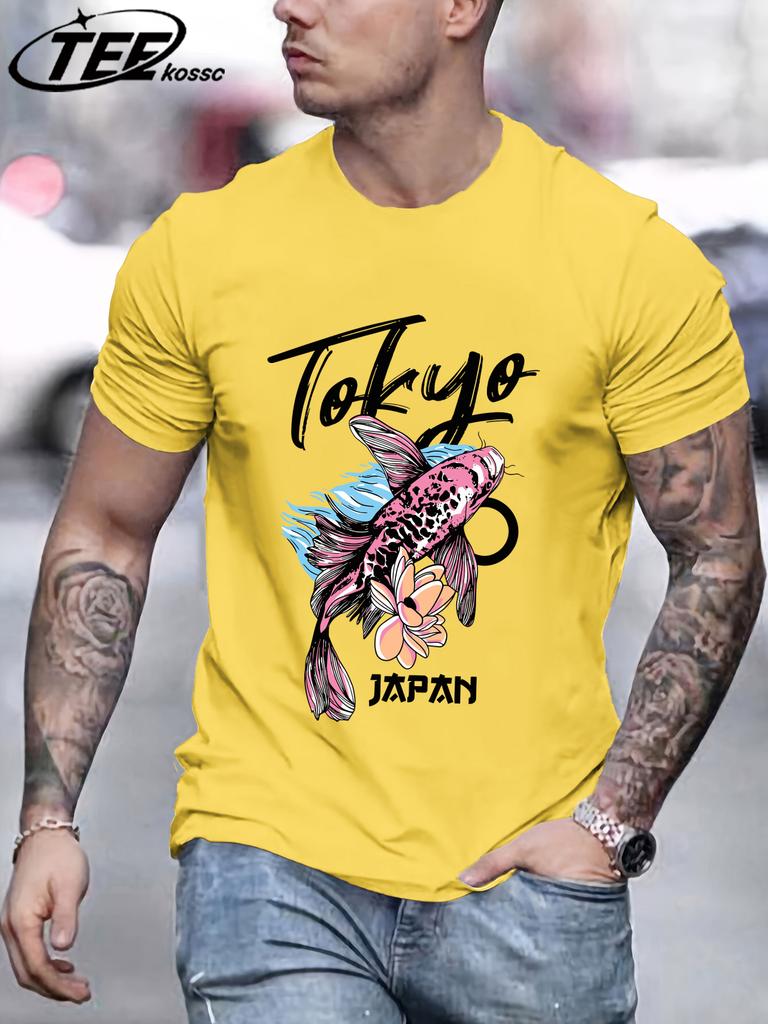 Tokyo Japan Flower Koi Print Men T Shirts Hip Hop AllMatch Short Sleeve Cotton Summer Clothes Casual Oversize Trendy Sportswear
