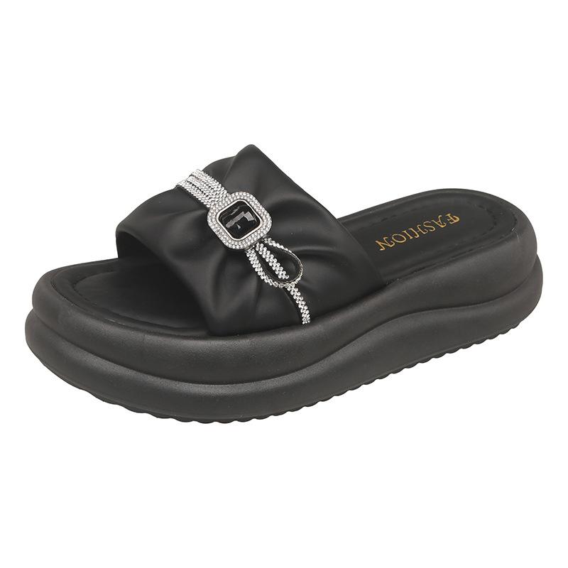 Thick-soled Rhinestone Cool Slippers for Women To Wear In Summer Thick-soled Cool Slippers One-word Drag Popular New Muffin Beach Women's Shoes