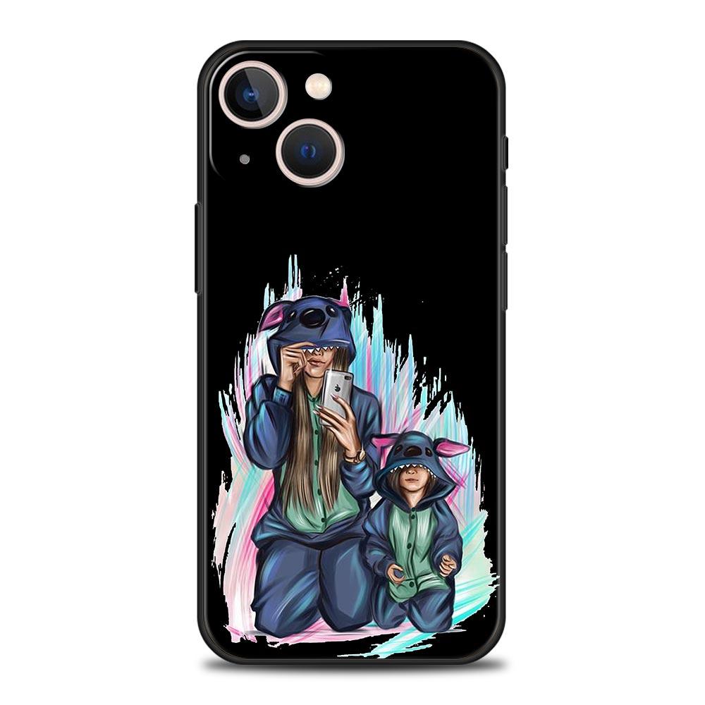 Schwarz Braun Haar Baby Mama Mädchen Sohn Telefon Fall Für iPhone 13 15 14 12 Mini 11 Pro MAX XR X SE XS 7 8 Plus Silikon Schwarz Abdeckung