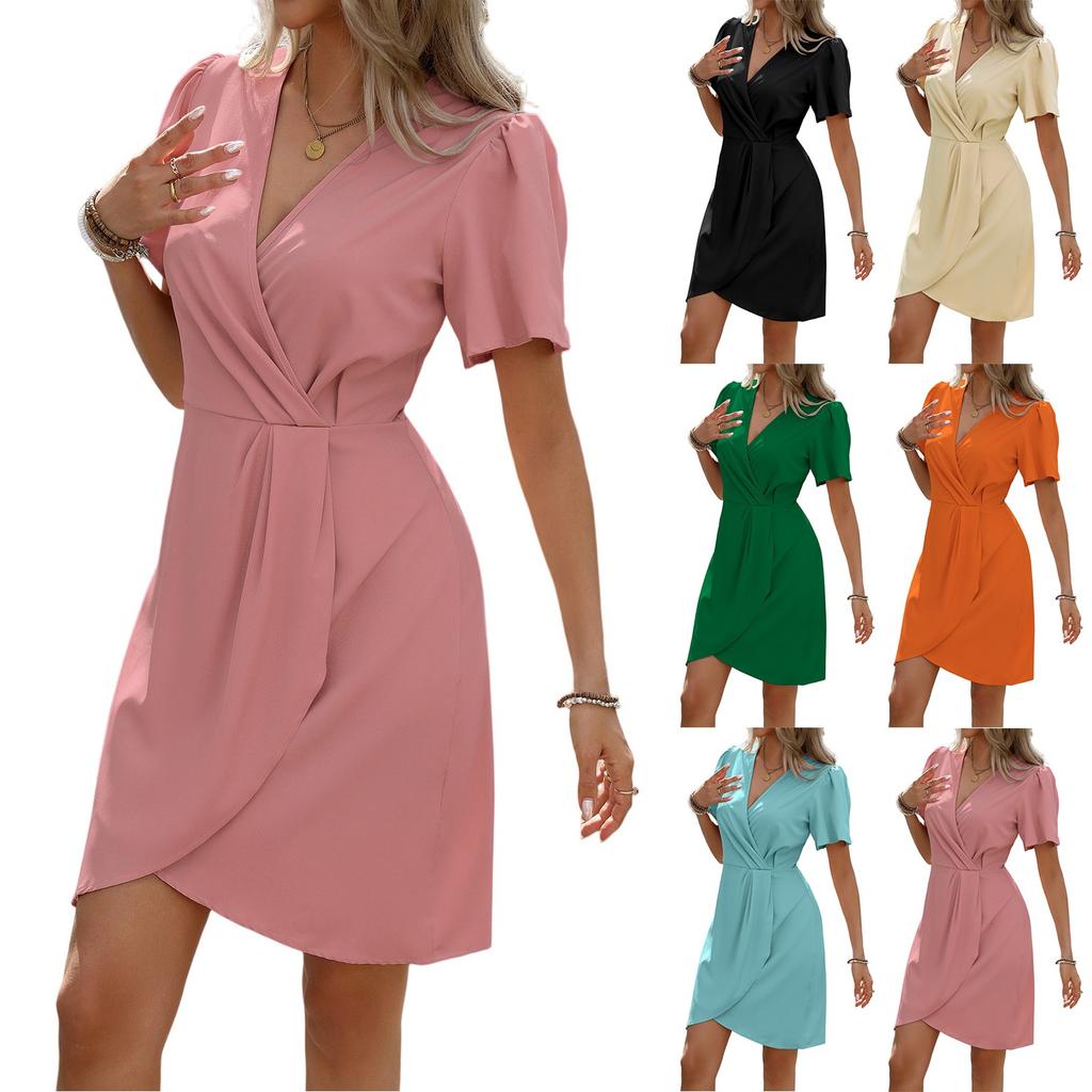 Women's Casual Mid-waist Solid Color V-neck Pleated Short-sleeved Dress