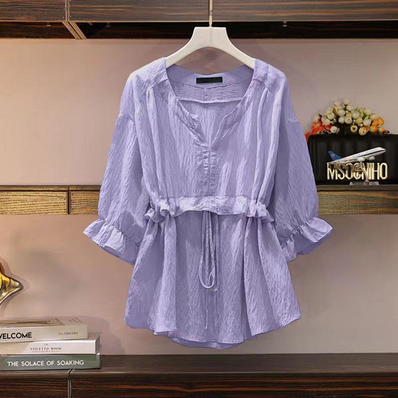 

Модные весенне-осенние стильные прозрачные плиссированные белые рубашки, женские однобортные однобортные свободные блузки с отложным воротником, топы 5XL фиолетовый