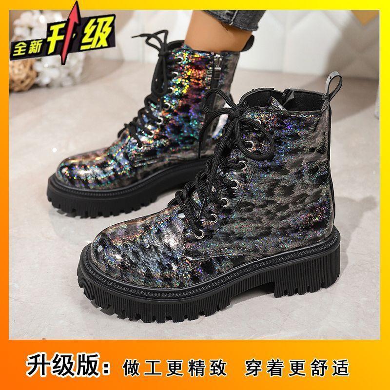 2025 autumn and winter new sequined lace-up boots children's thick-soled Martin boots women's heightening shoes short boots medium boots children