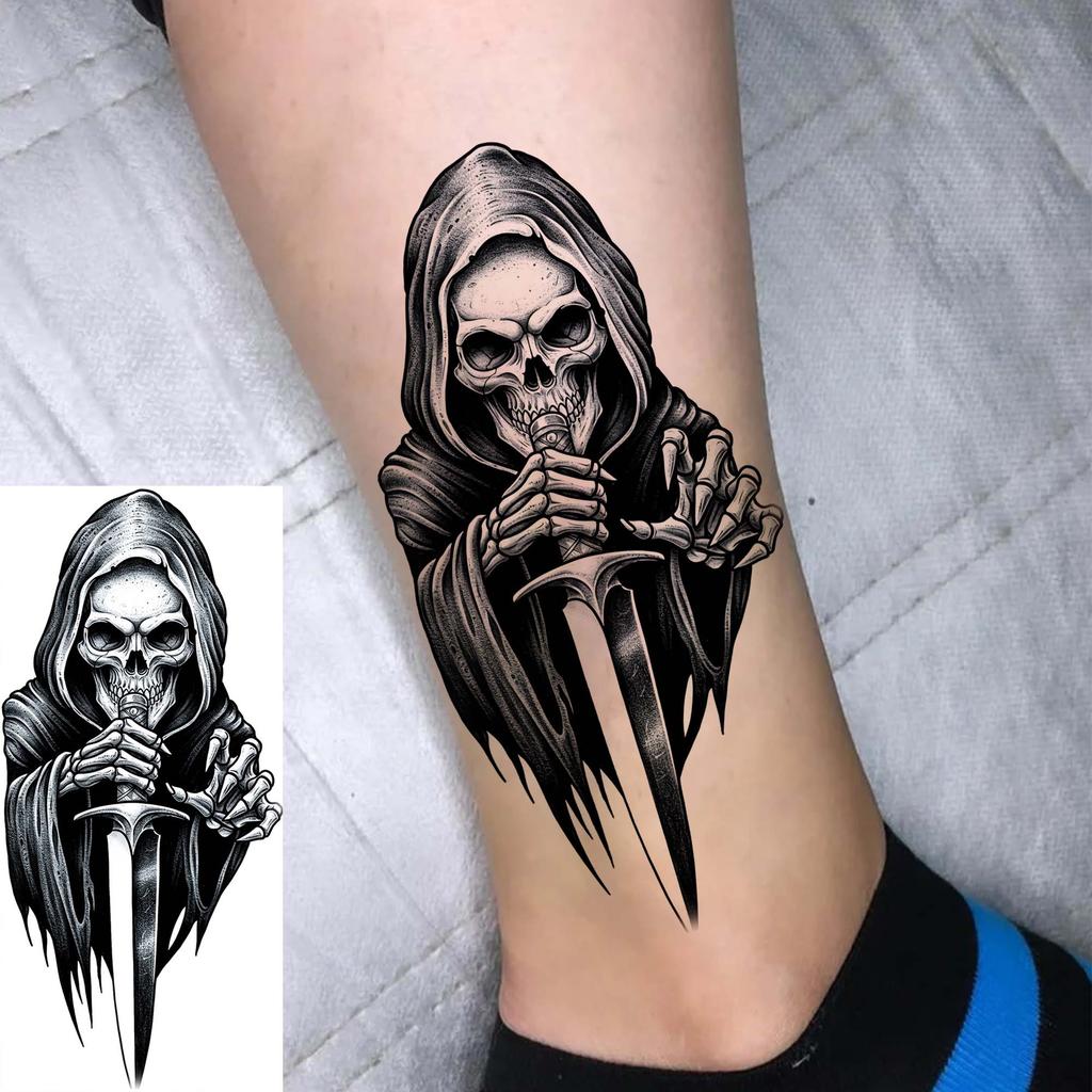 1 Sheet Scary Skull Grim Reaper Temporary Tattoos For Men Women Hand Arm Forearm, Realistic Fake Tattoo Sticker Halloween Tatoos