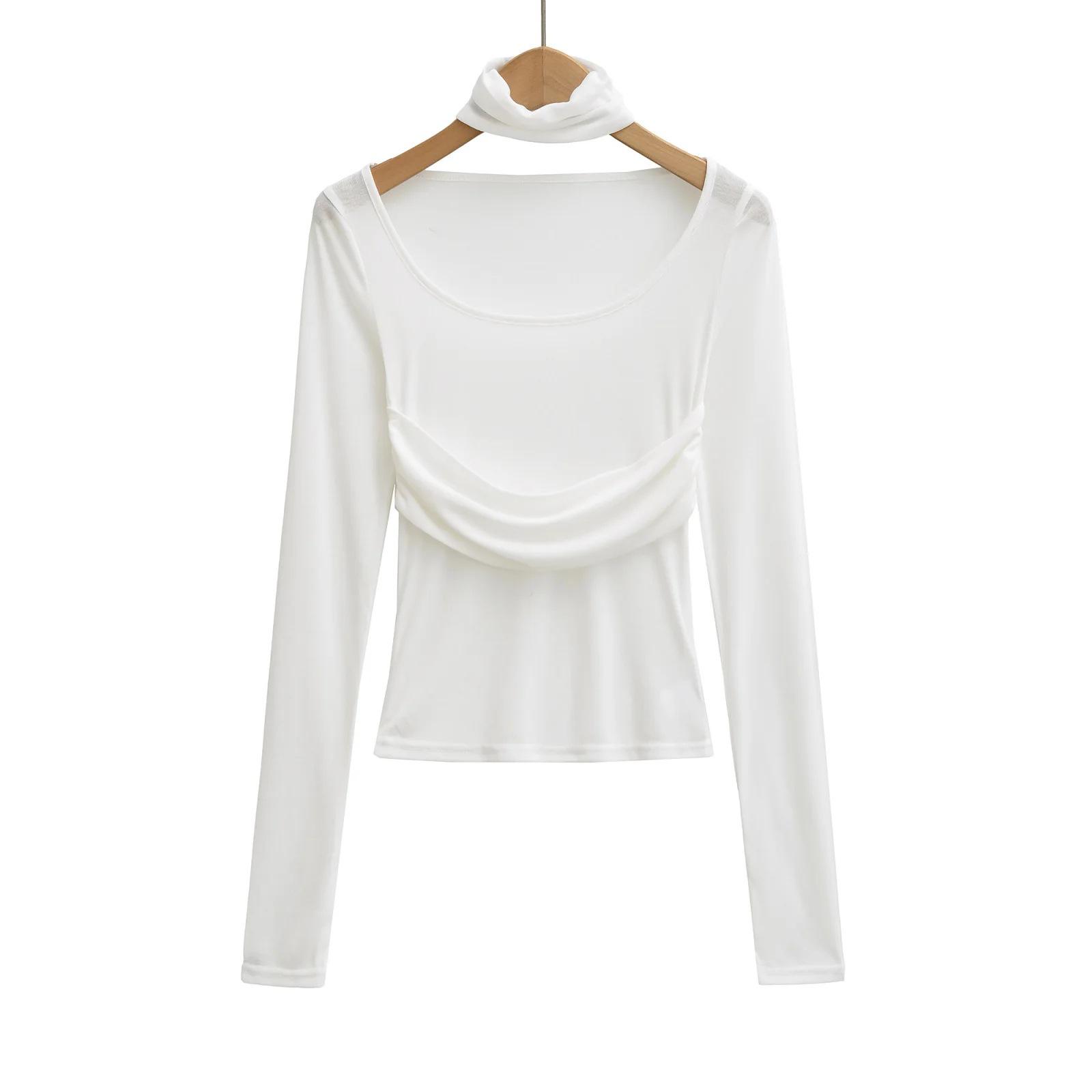 

Women s Sheer Long-Sleeve U-Neck T-Shirt with Scarf - Sexy Slim Fit Base Layer for Spring/Autumn Medium белый