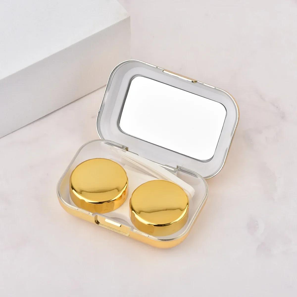 

Women Girls Mirror Face Travel Holder Storage Eye Container with Mirror Mini Fashion Contact Lens Case Contact Lens Container золотий