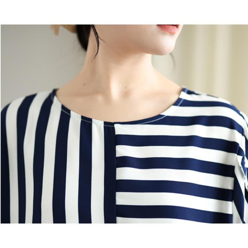 DIMANAF 2025 Summer Plus Size Short Sleeve T-Shirt Stripe Women O-Neck Loose Basic Tops Tees