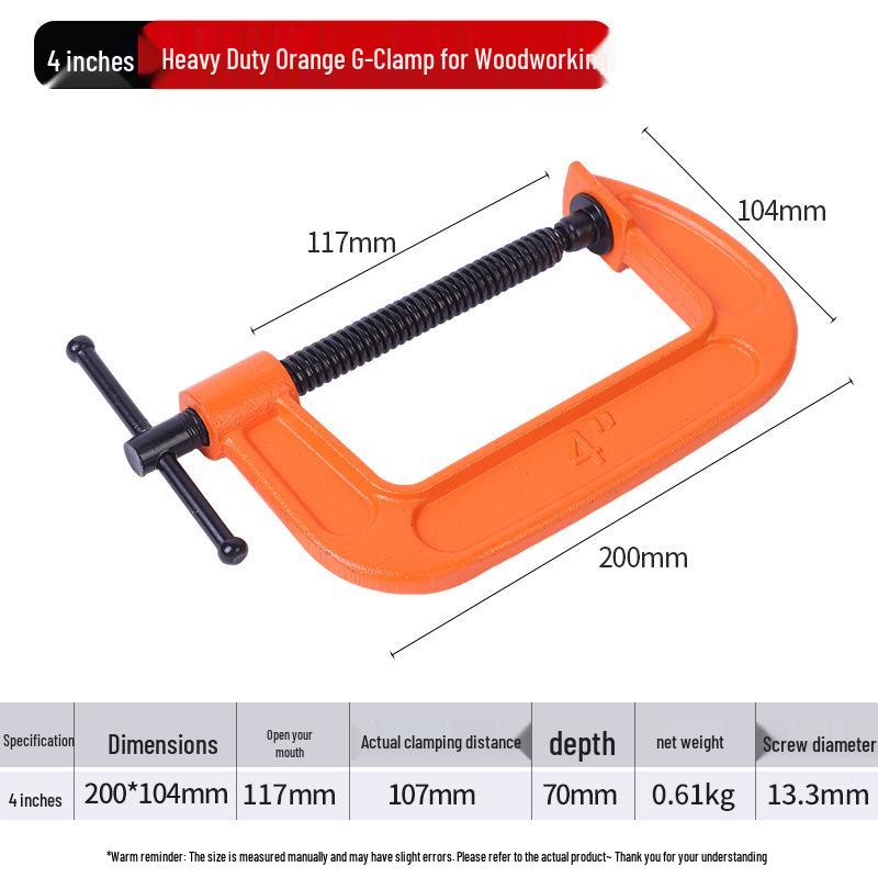 Heavy Duty Orange G-Clamp with Black Screw for Woodworking Jointing and Clamping