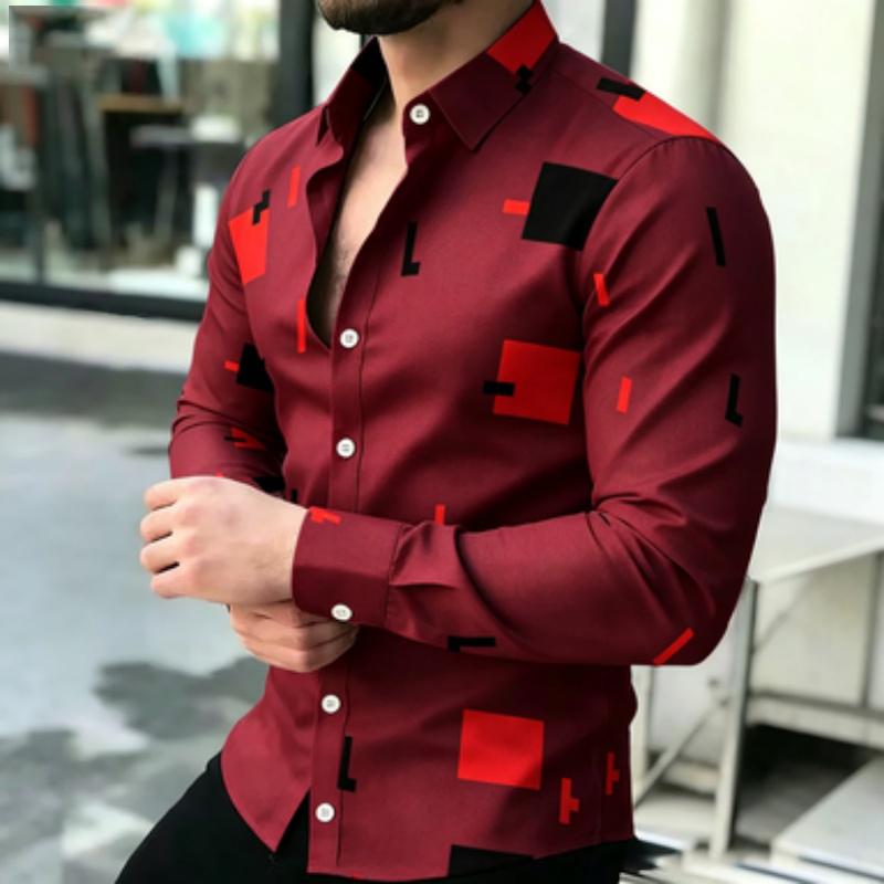 Men's short sleeved shirt, European and American men's geometric square long sleeved shirt, lapel contrasting color block printe