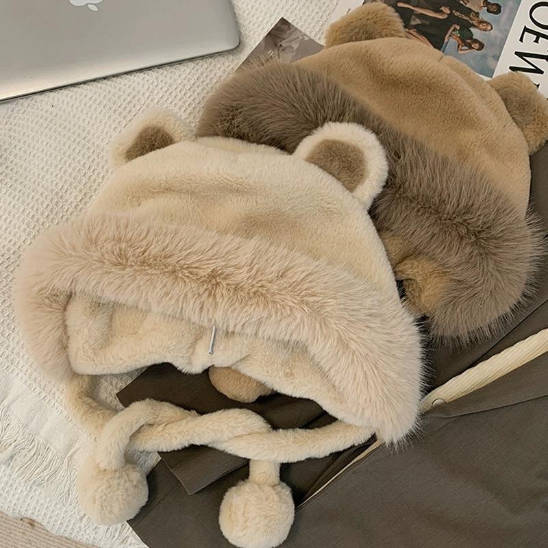 Cute Korean-Style Women's Winter Teddy Bear Ear Plush Hat Fleece-Lined Thickened Cycling Cold-Resistant Earflap Hat