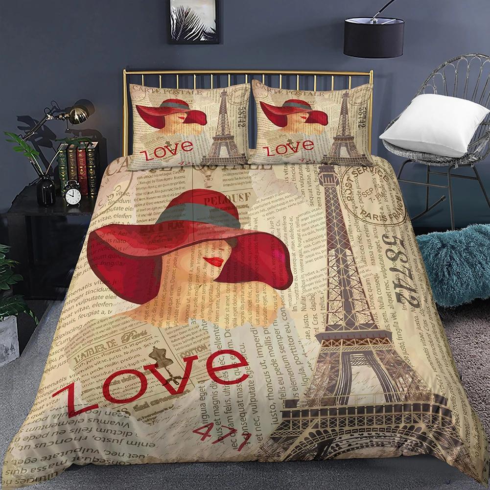 Housse de Couette Tour Eiffel Romantique Moderne Bâtiment de Ville de Paris Rouge et Bleu Housse de Couette pour Couple Accessoires Décor pour Adolescente