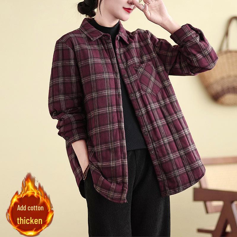 

Xin Xing Retro Plaid Cotton Shirt - Women’s Long Sleeve Jacket, 2024 Autumn/Winter, Loose Korean Style Blouse L [112-126]