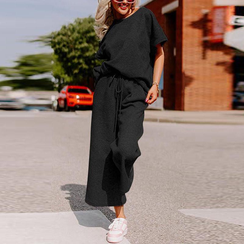 Sets for Women Summer Lounge Sets O-Neck Tops Wide Leg Crop Pants Vacation Travel Outfits