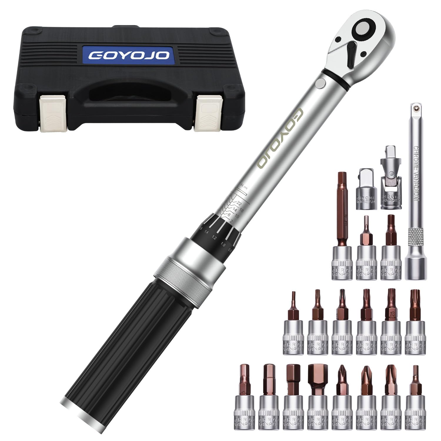 

GOYOJO Preset Torque Wrench Torque for and Machine Maintenance 21 21-Piece Set, 1/4-Inch Drive, 2-24 N.m, Bi-Directional, ±3% Accuracy, Automotive,