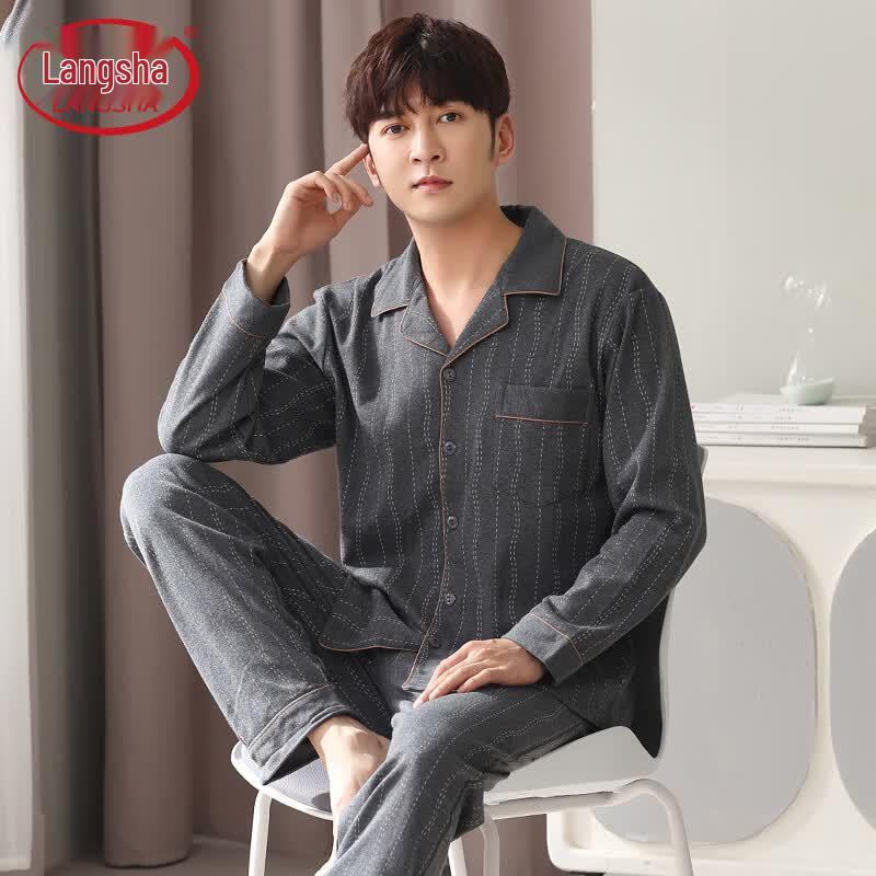 Langsha Men s Pure Cotton Long Sleeve Pajama Set XXXL