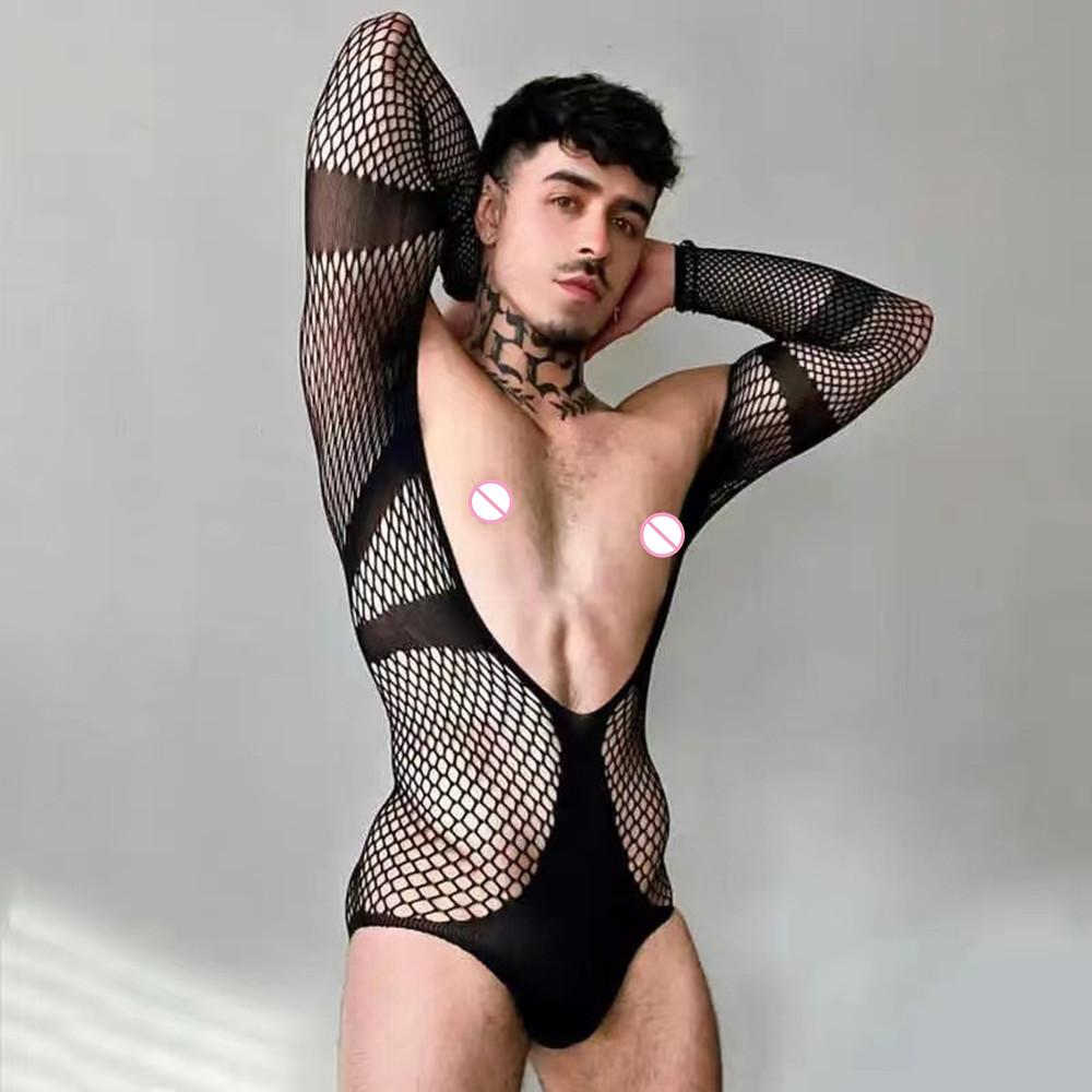 Ultra Thin Super Sex Gay Bodysuits Mesh Perspective Lingerie Sissy Fishnet Sleepwear Hot Mesh Top Adult Fashion Clothing