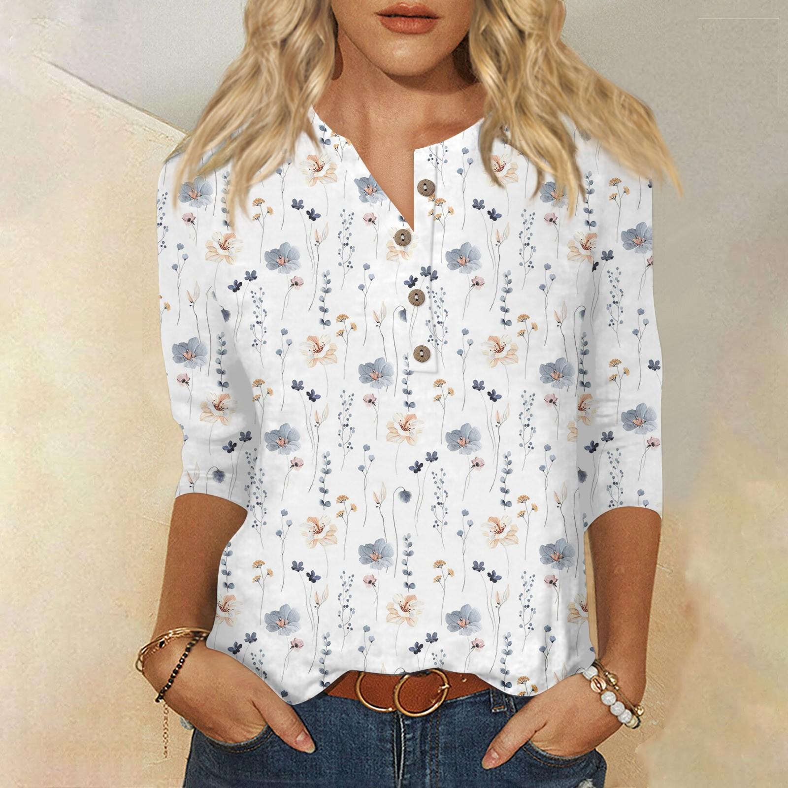 

3/4 Sleeve Shirts For Women Cute Flowers Print Graphic Tees Blouses Casual Plus Size Basic Tops Pullover XXXL