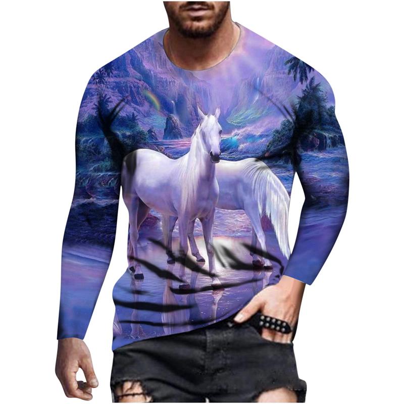Rundhals 3D Pferde-Print T-Shirts Lässige Langarm Herren T-Shirts - Weicher Mittlerer Stretch Polyesterstoff Frühling und Herbst Relaxed Fit Kleidung