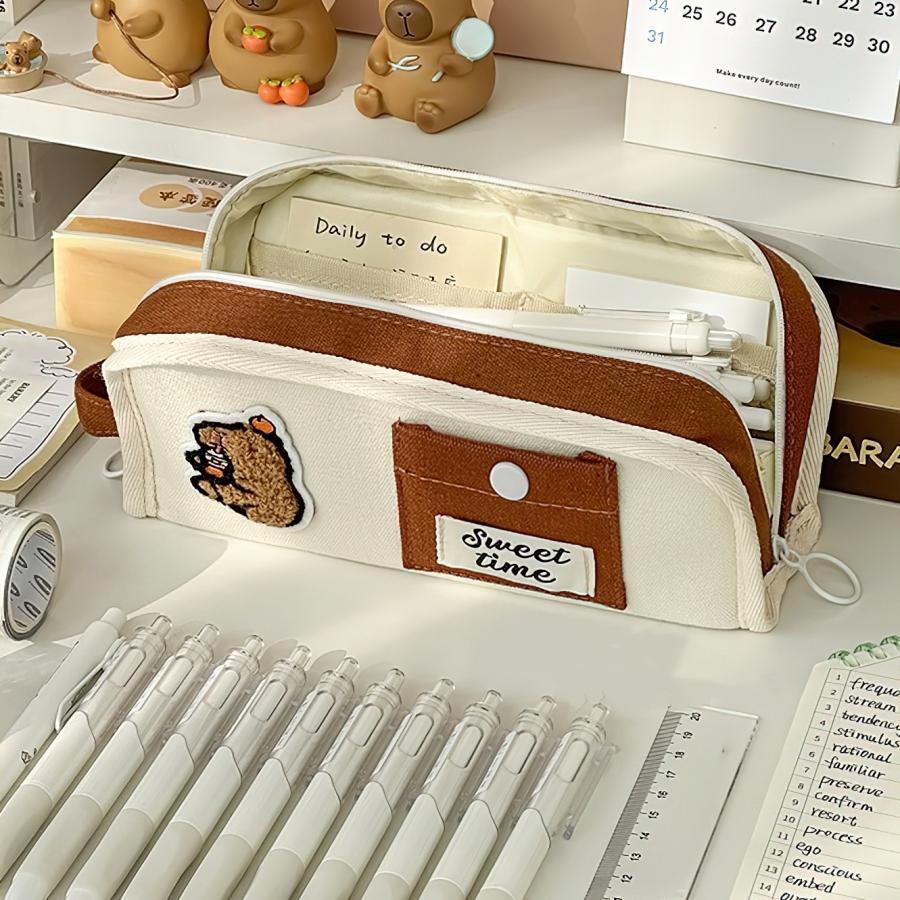 Sweet Time Pencil Bag Pen Case Cute Cartoon Design Hitting Color Storage Pouch for Stationery School