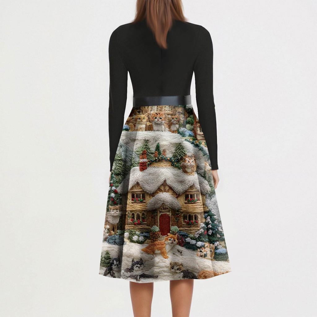 Damenmode Rundhals-Kleid mit schmaler Passform und Weihnachtsmuster, langen Ärmeln