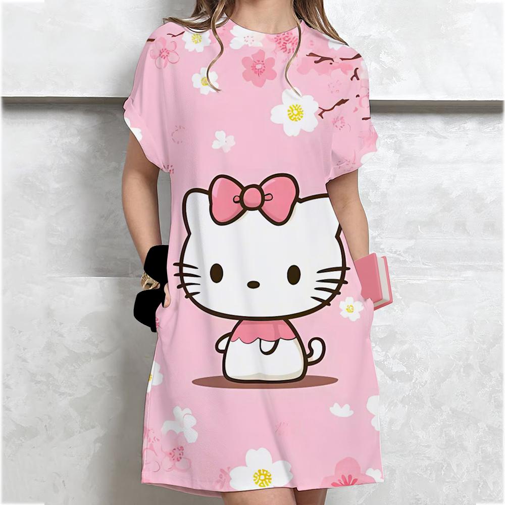 Vestido Camiseta Casual de Manga Corta para Mujer Estampado Vintage de Hello Kitty Vestido Mini Holgado Vestido Mini Elegante y Sencillo Ropa de Calle Vestido de Verano