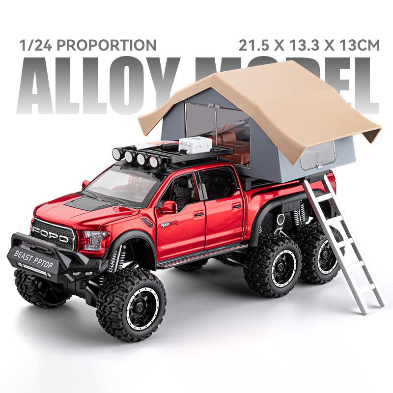 LLI6 1:28 Ford F150 Raptor RV With Tent Alloy Model Car Toy Diecasts Metal Casting Sound and Light Car Toys For Children Vehicle