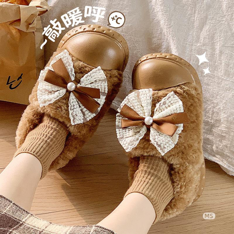 Winter neu Spitze Schleife Samt verdickt warm Baumwolle Hausschuh Baumwollpantoffeln