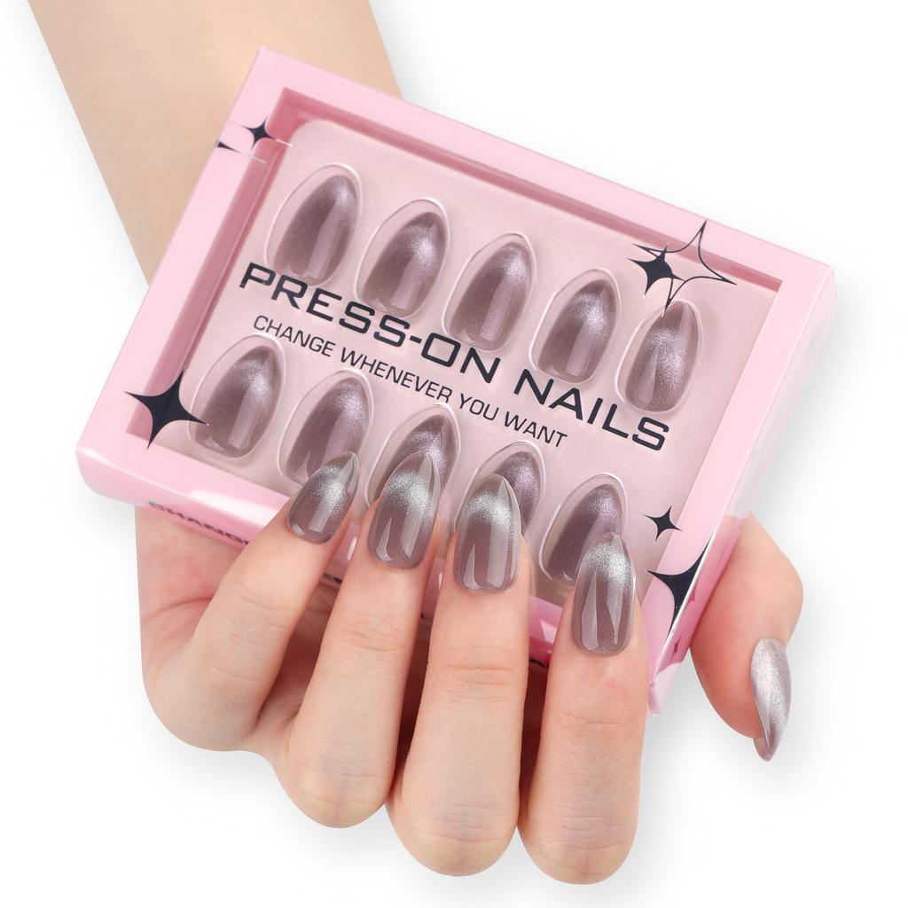 Simple French cat eye manicure fake nails advanced transparent gray almond type wearing nail fake nails